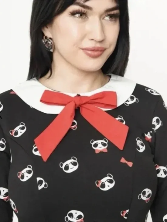 Unique Vintage Panda Retro Pinup Rockabilly Fit Flare Black Bow Dress 3X 20 - Picture 5 of 15